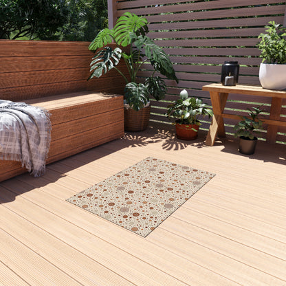Copper scattered circle outdoor rug — soft polyester chenille with a non-slip backing