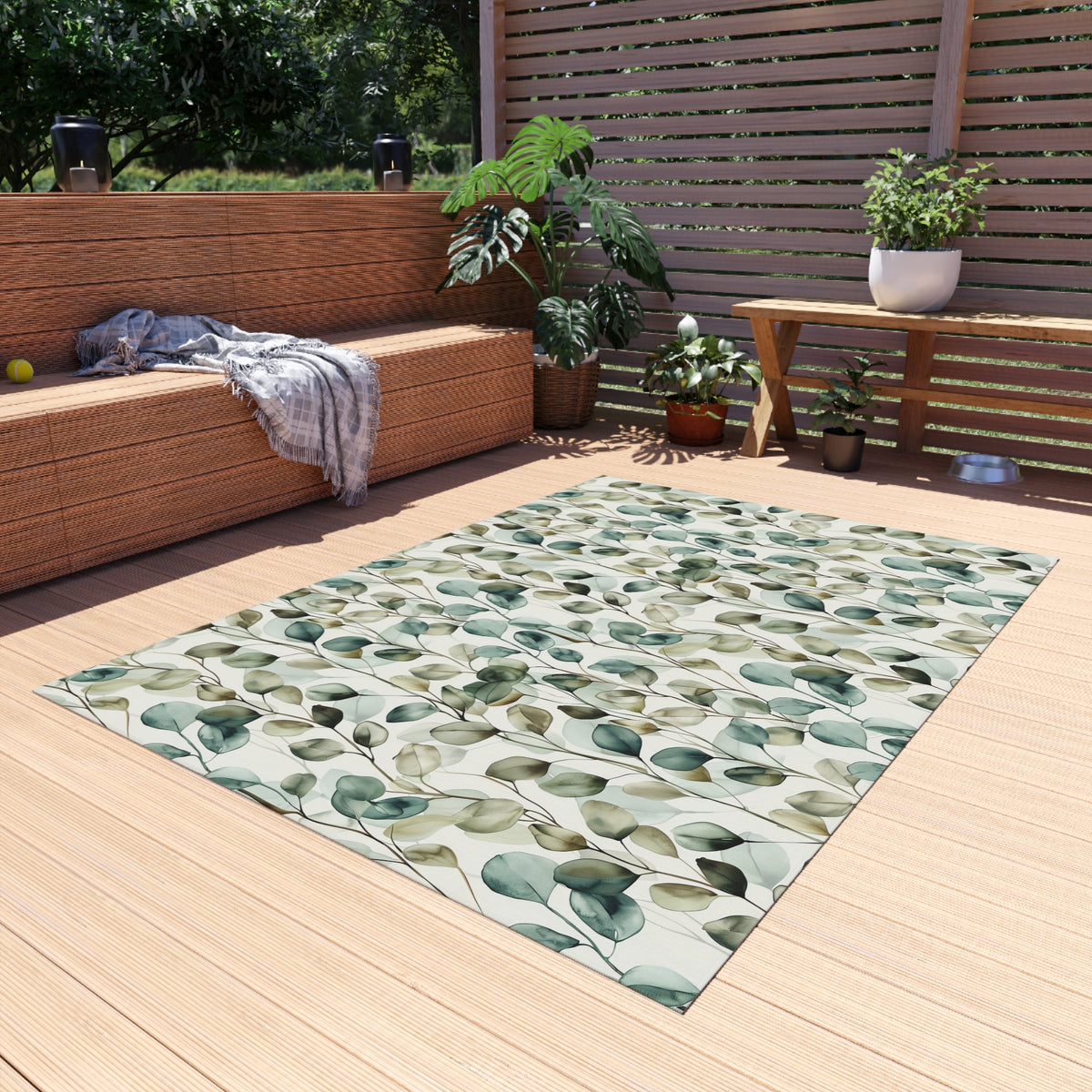 Eucalyptus watercolour outdoor rug — soft polyester chenille with a non-slip backing