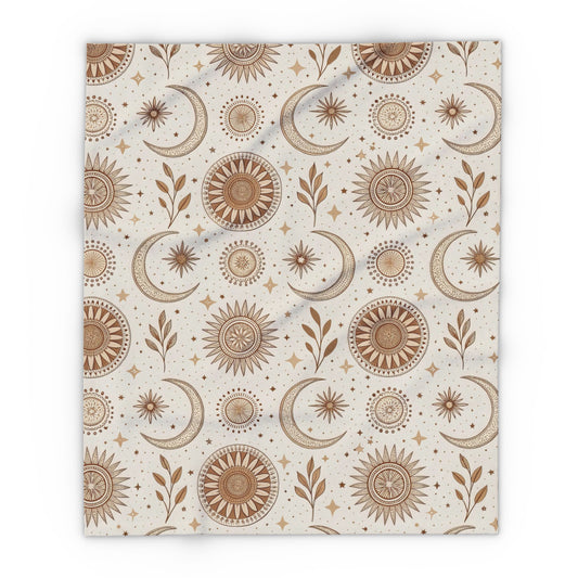 Golden sun and moon outdoor fleece blanket — 315 gsm polyester fleece, soft on both sides