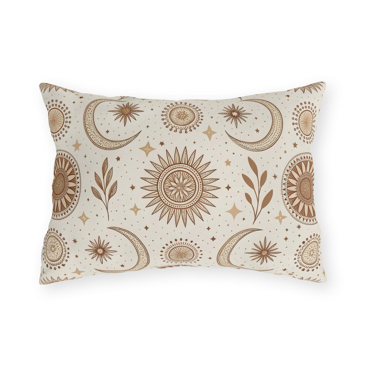 Golden sun and moon lumbar outdoor pillow — spun polyester, UV and water resistant