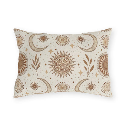 Golden sun and moon lumbar outdoor pillow — spun polyester, UV and water resistant