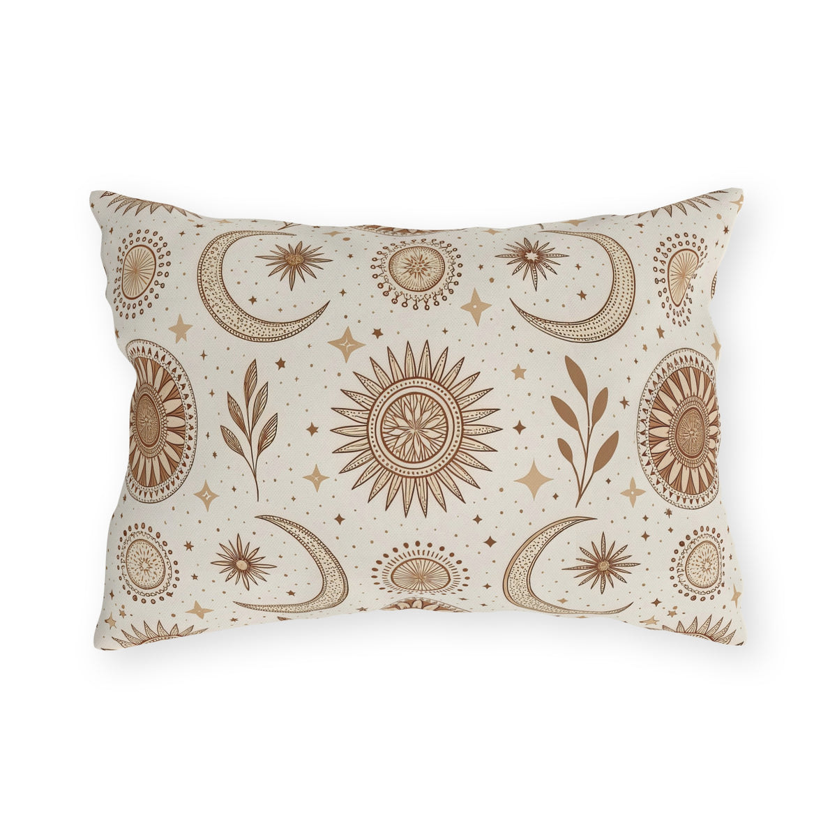 Golden sun and moon lumbar outdoor pillow — spun polyester, UV and water resistant