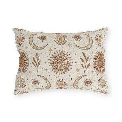 Golden sun and moon lumbar outdoor pillow — spun polyester, UV and water resistant