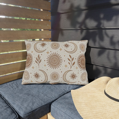 Golden sun and moon lumbar outdoor pillow — spun polyester, UV and water resistant