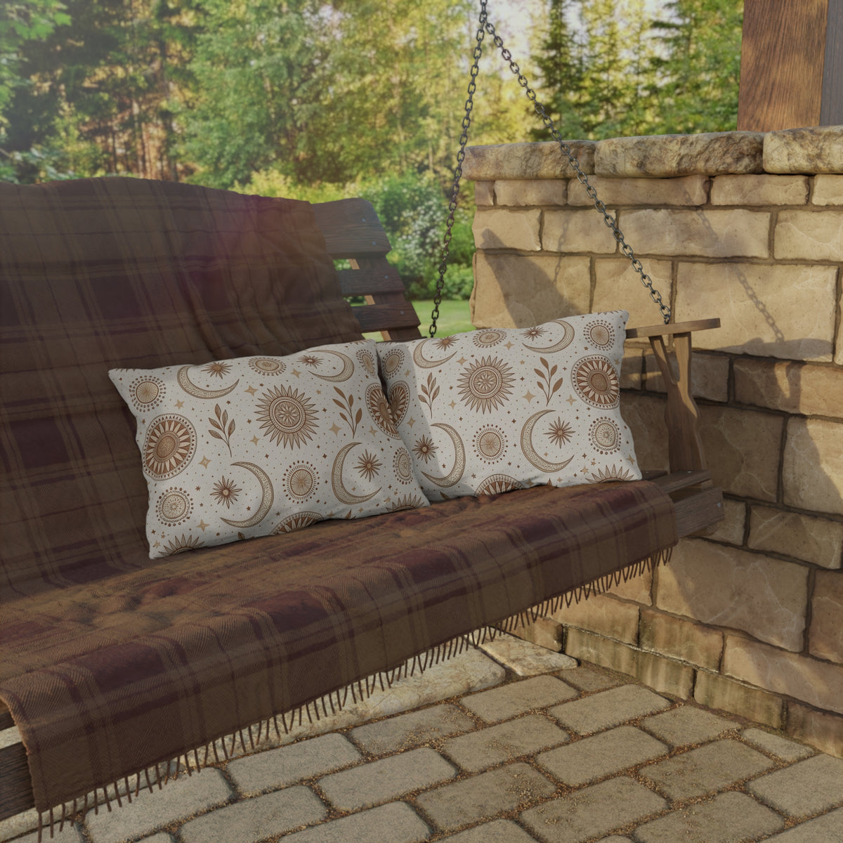 Golden sun and moon lumbar outdoor pillow — spun polyester, UV and water resistant