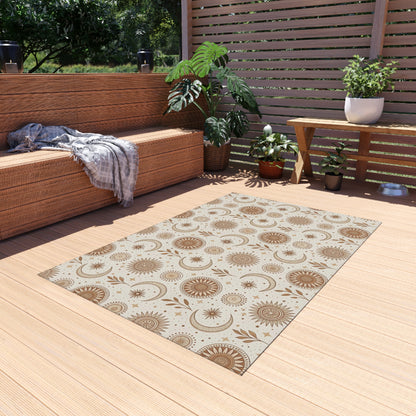 Golden sun and moon outdoor rug — soft polyester chenille with a non-slip backing