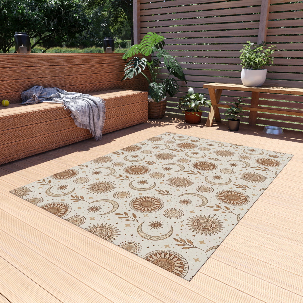 Golden sun and moon outdoor rug — soft polyester chenille with a non-slip backing