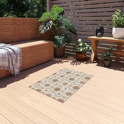 Golden sun and moon outdoor rug — soft polyester chenille with a non-slip backing