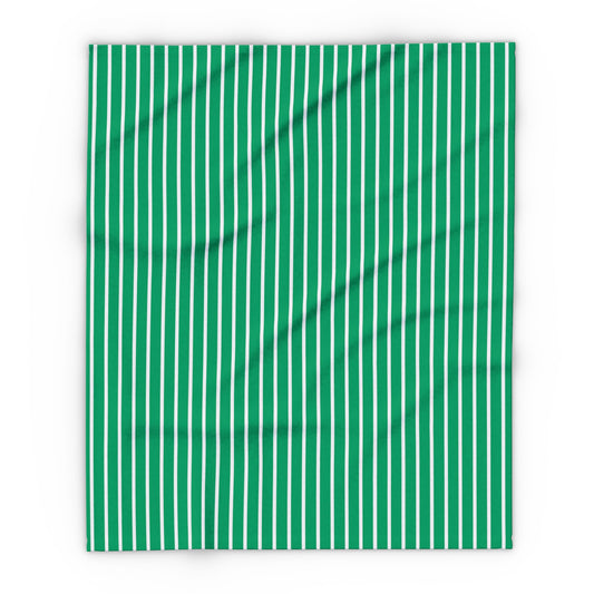 Green and white striped outdoor fleece blanket — 315 gsm polyester fleece, soft on both sides
