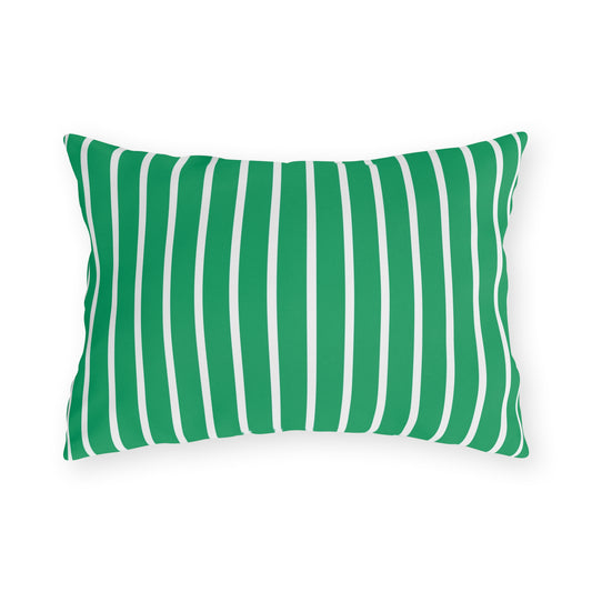 Green and white striped lumbar outdoor pillow — spun polyester, UV and water resistant