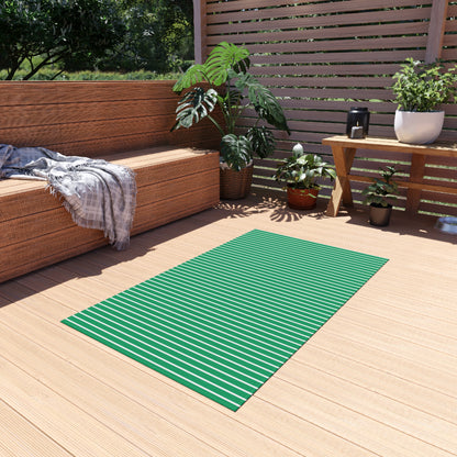 Green and white striped outdoor rug — soft polyester chenille with a non-slip backing