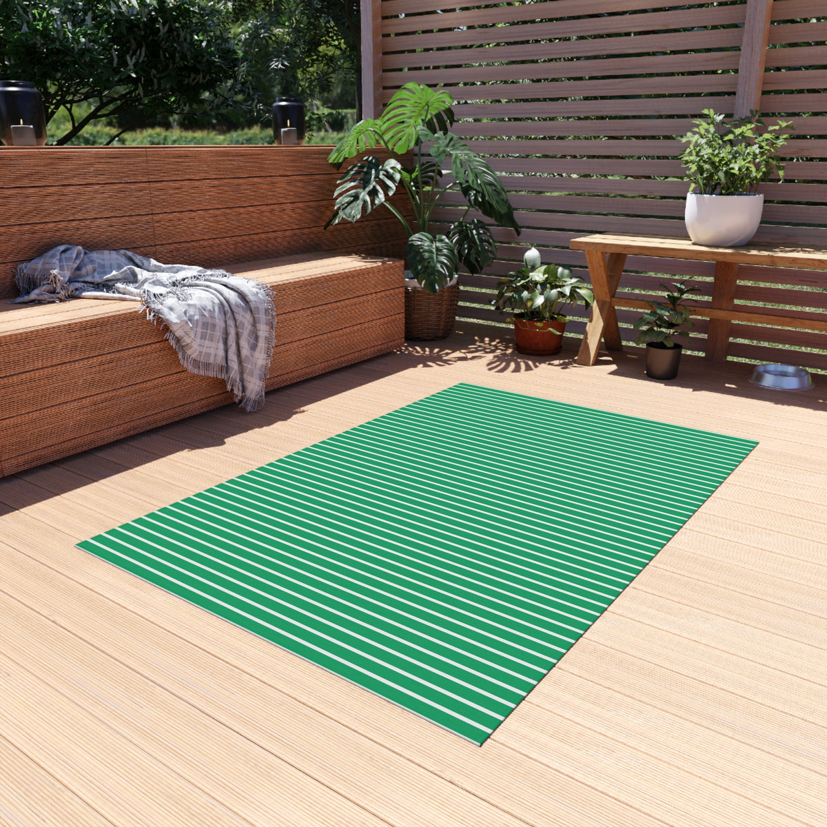 Green and white striped outdoor rug — soft polyester chenille with a non-slip backing