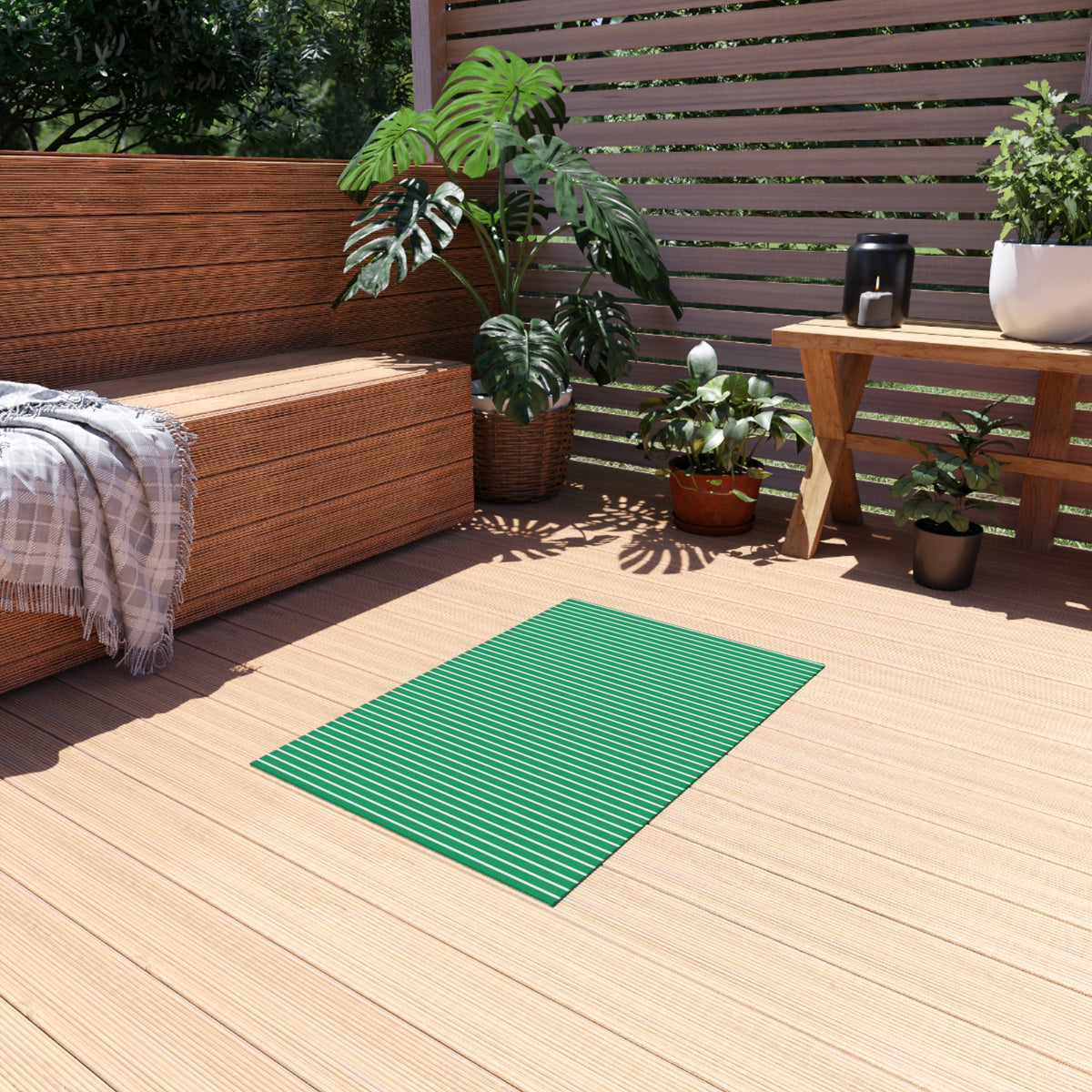 Green and white striped outdoor rug — soft polyester chenille with a non-slip backing
