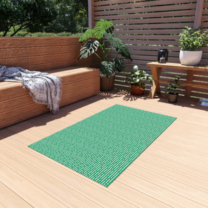 Green basketweave outdoor rug — soft polyester chenille with a non-slip backing