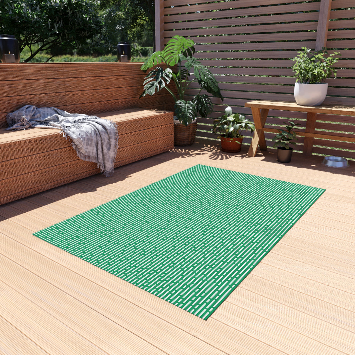 Green basketweave outdoor rug — soft polyester chenille with a non-slip backing