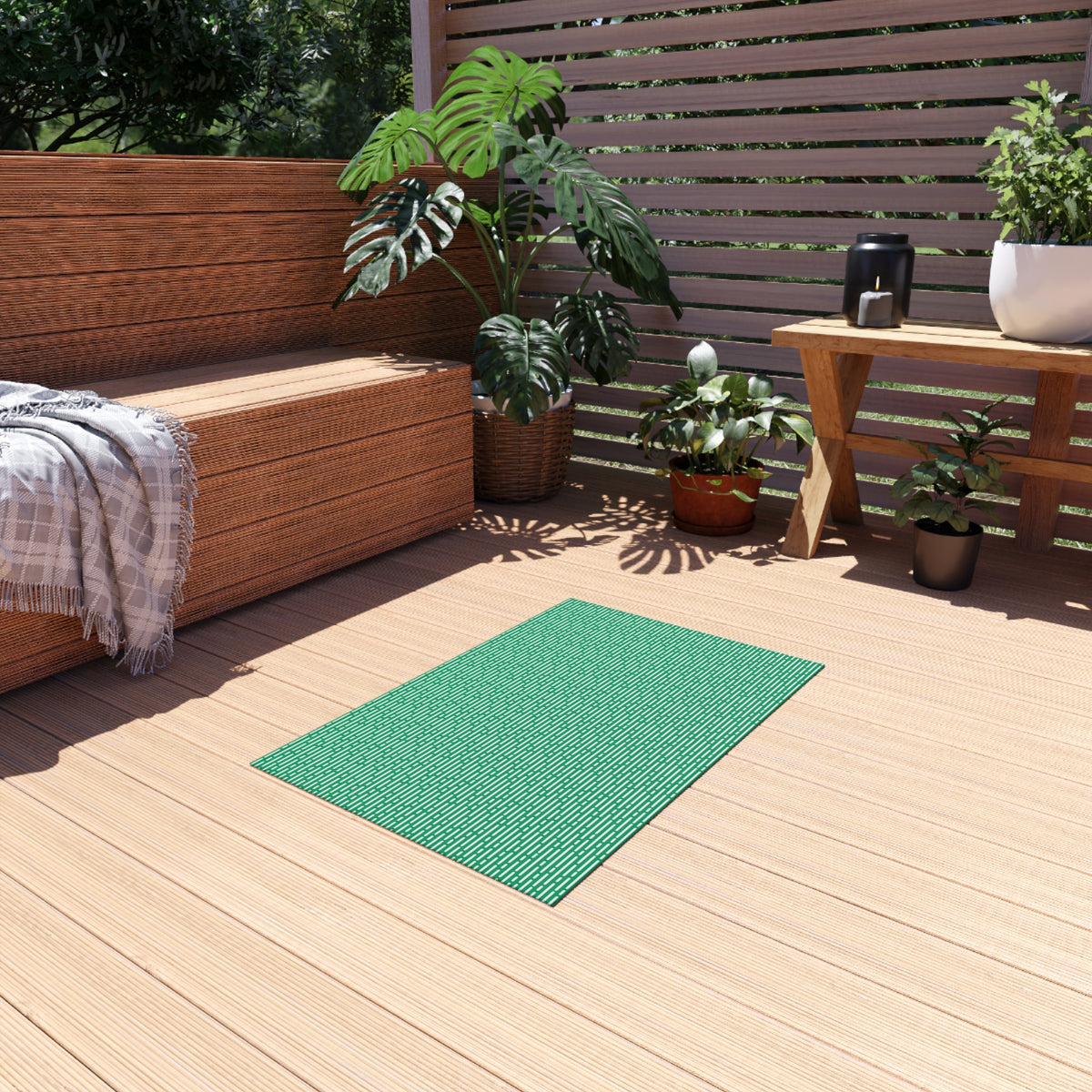 Green basketweave outdoor rug — soft polyester chenille with a non-slip backing