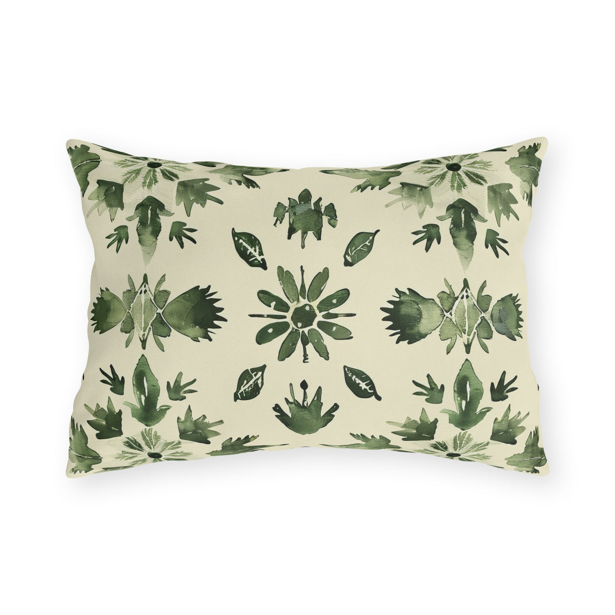 Green folk medallion lumbar outdoor pillow — spun polyester, UV and water resistant