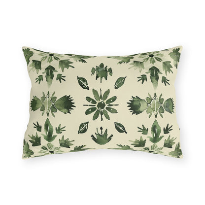 Green folk medallion lumbar outdoor pillow — spun polyester, UV and water resistant