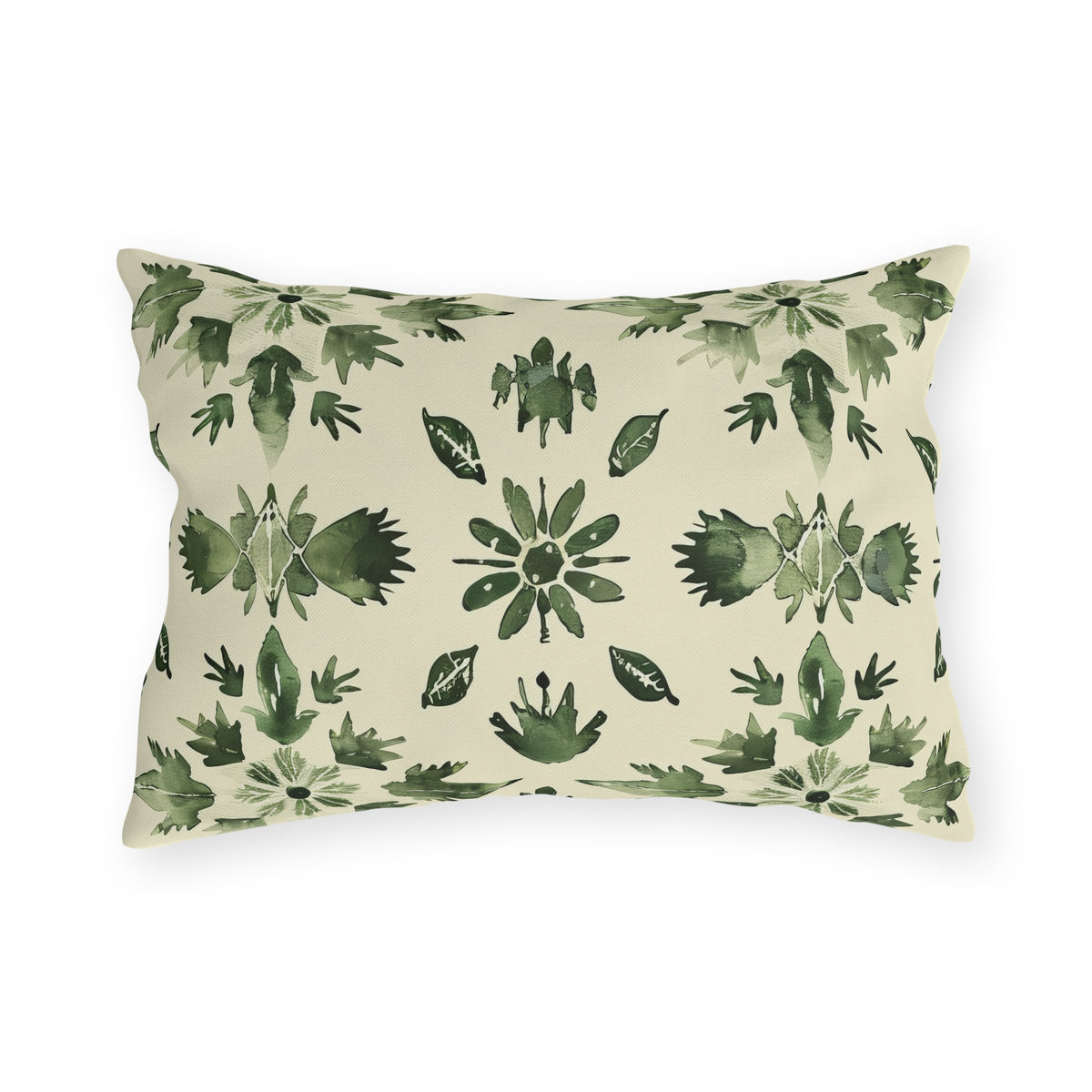 Green folk medallion lumbar outdoor pillow — spun polyester, UV and water resistant