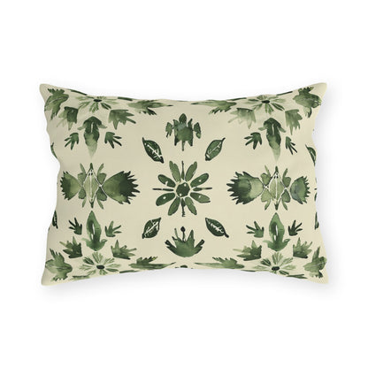 Green folk medallion lumbar outdoor pillow — spun polyester, UV and water resistant