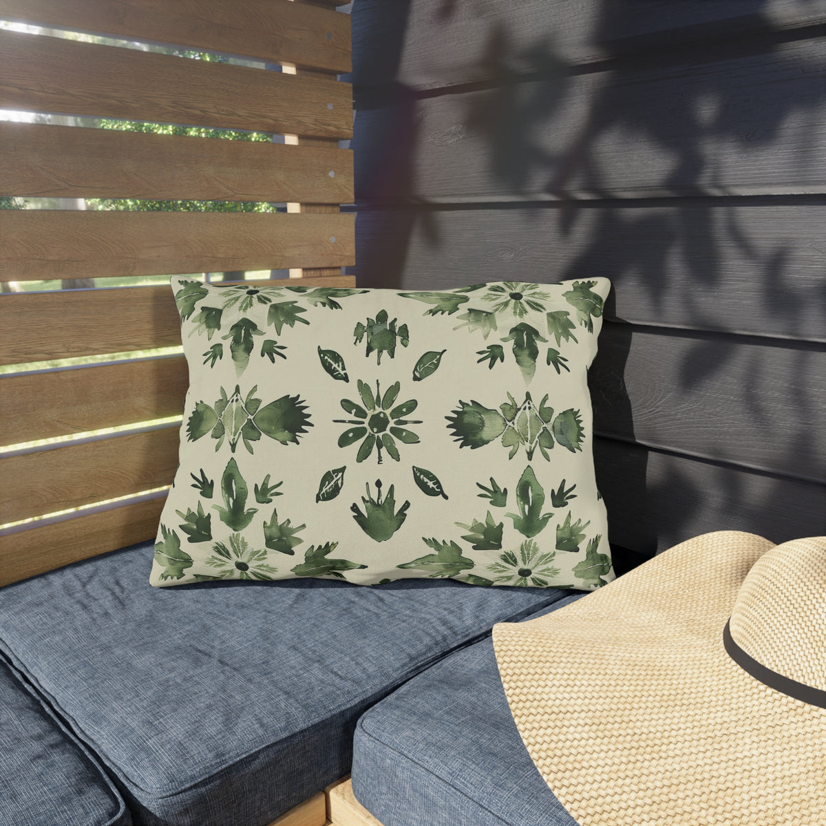 Green folk medallion lumbar outdoor pillow — spun polyester, UV and water resistant
