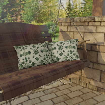 Green folk medallion lumbar outdoor pillow — spun polyester, UV and water resistant