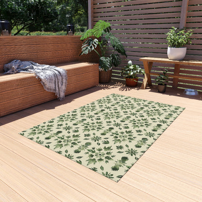 Green folk medallion outdoor rug — soft polyester chenille with a non-slip backing