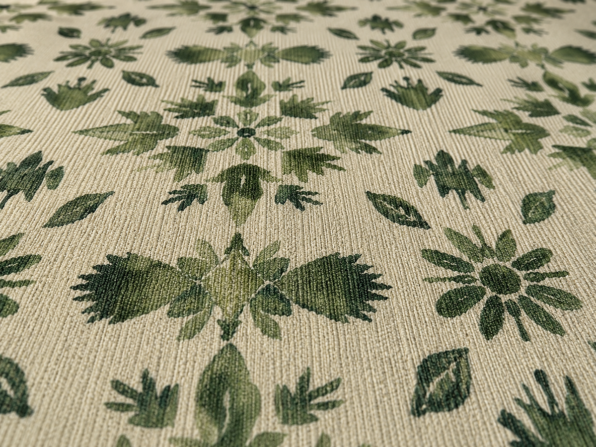 Close-up of the green folk medallion outdoor rug — short, dense low-pile chenille nap
