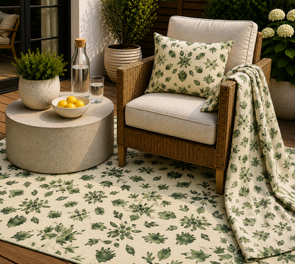Green folk medallion outdoor set — matching rug, pillow and fleece blanket