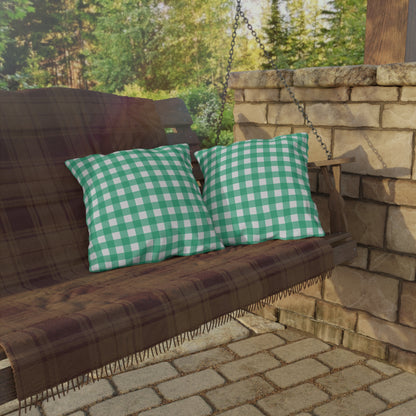 Green gingham outdoor pillow — spun polyester, UV and water resistant