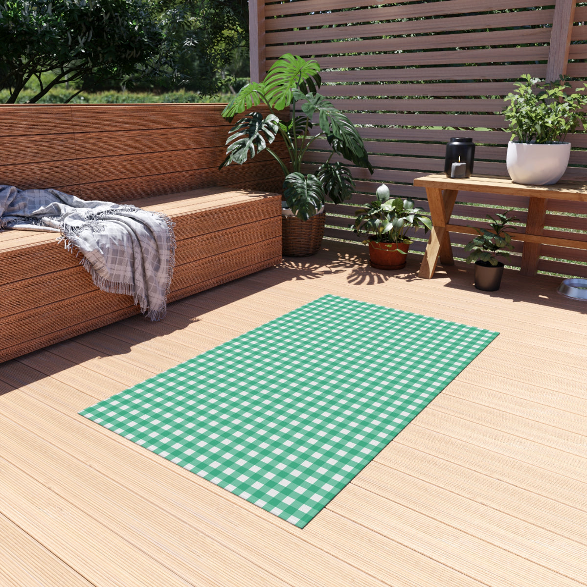 Green gingham outdoor rug — soft polyester chenille with a non-slip backing