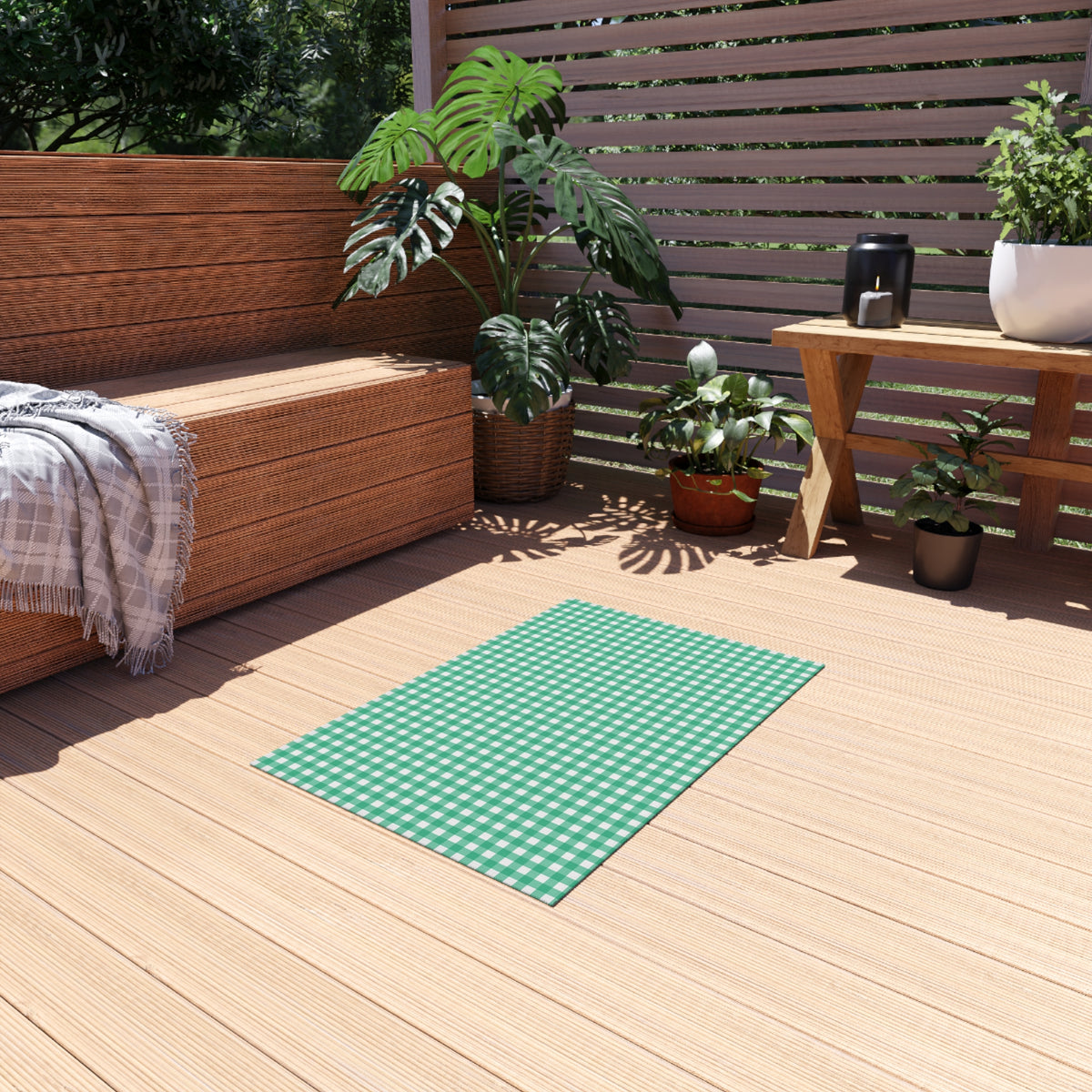 Green gingham outdoor rug — soft polyester chenille with a non-slip backing