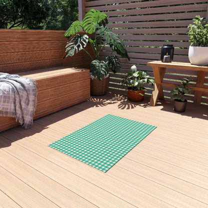 Green gingham outdoor rug — soft polyester chenille with a non-slip backing