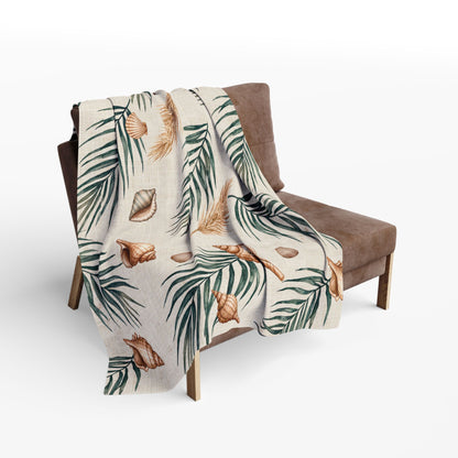 Green palm and shell outdoor fleece blanket — 315 gsm polyester fleece, soft on both sides