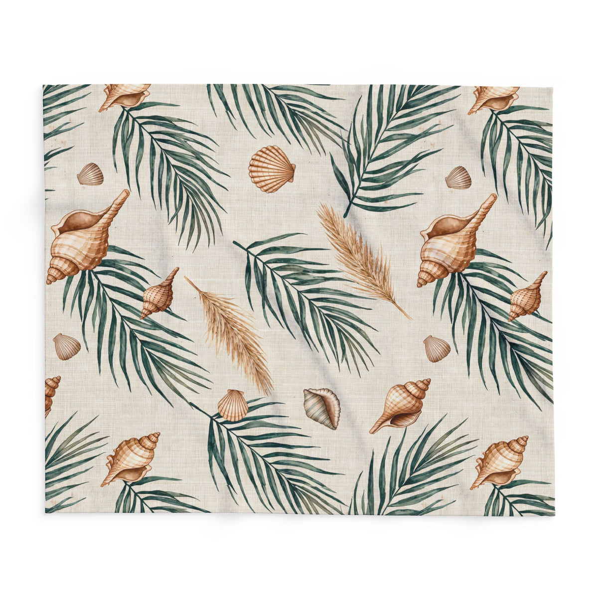 Green palm and shell outdoor fleece blanket — 315 gsm polyester fleece, soft on both sides