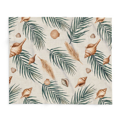 Green palm and shell outdoor fleece blanket — 315 gsm polyester fleece, soft on both sides