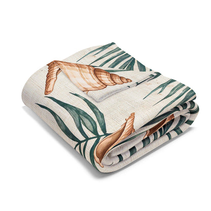 Green palm and shell outdoor fleece blanket — 315 gsm polyester fleece, soft on both sides