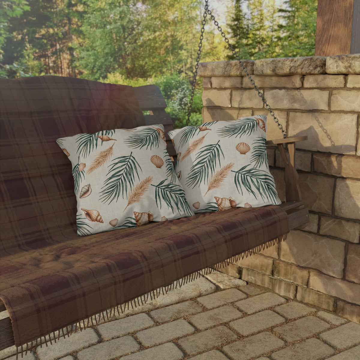 Green palm and shell outdoor pillow — spun polyester, UV and water resistant