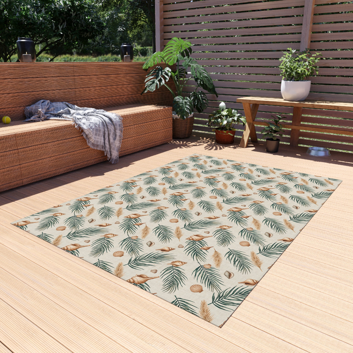 Green palm and shell outdoor rug — soft polyester chenille with a non-slip backing