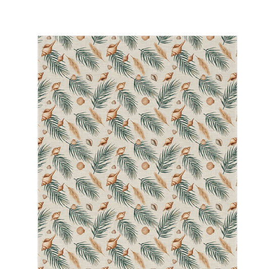 Green palm and shell outdoor rug — soft polyester chenille with a non-slip backing