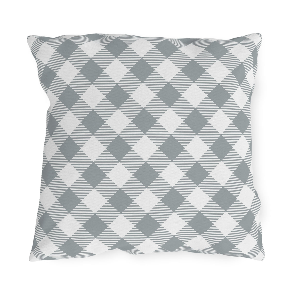 Grey diagonal gingham outdoor pillow — spun polyester, UV and water resistant