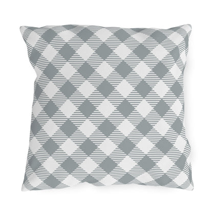 Grey diagonal gingham outdoor pillow — spun polyester, UV and water resistant