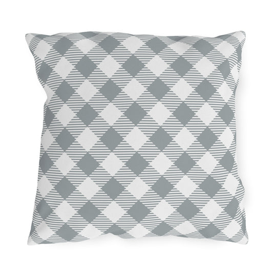 Grey diagonal gingham outdoor pillow — spun polyester, UV and water resistant