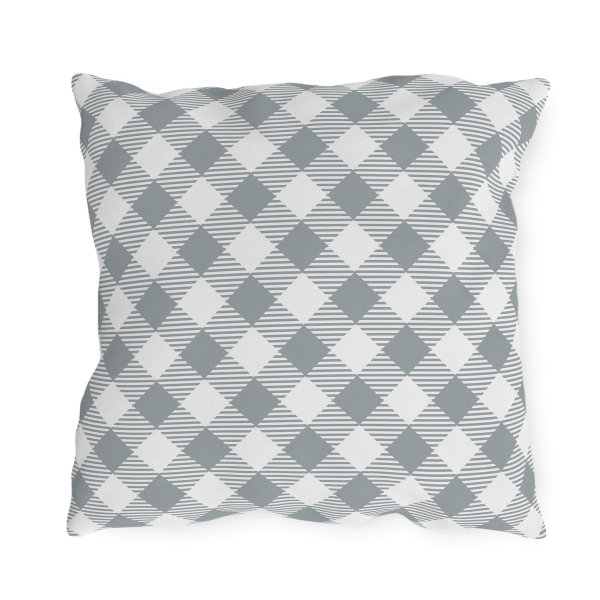 Grey diagonal gingham outdoor pillow — spun polyester, UV and water resistant