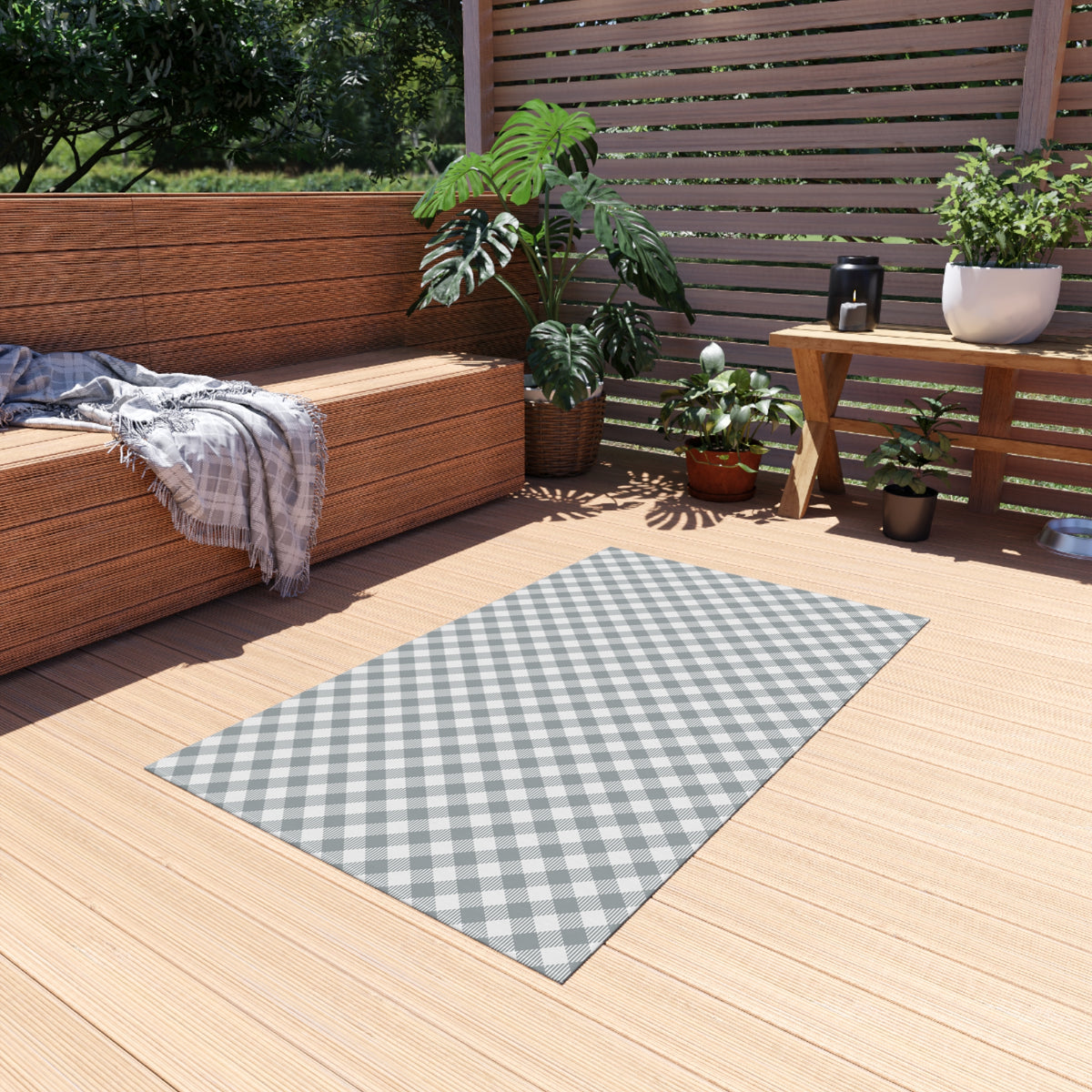 Grey diagonal gingham outdoor rug — soft polyester chenille with a non-slip backing