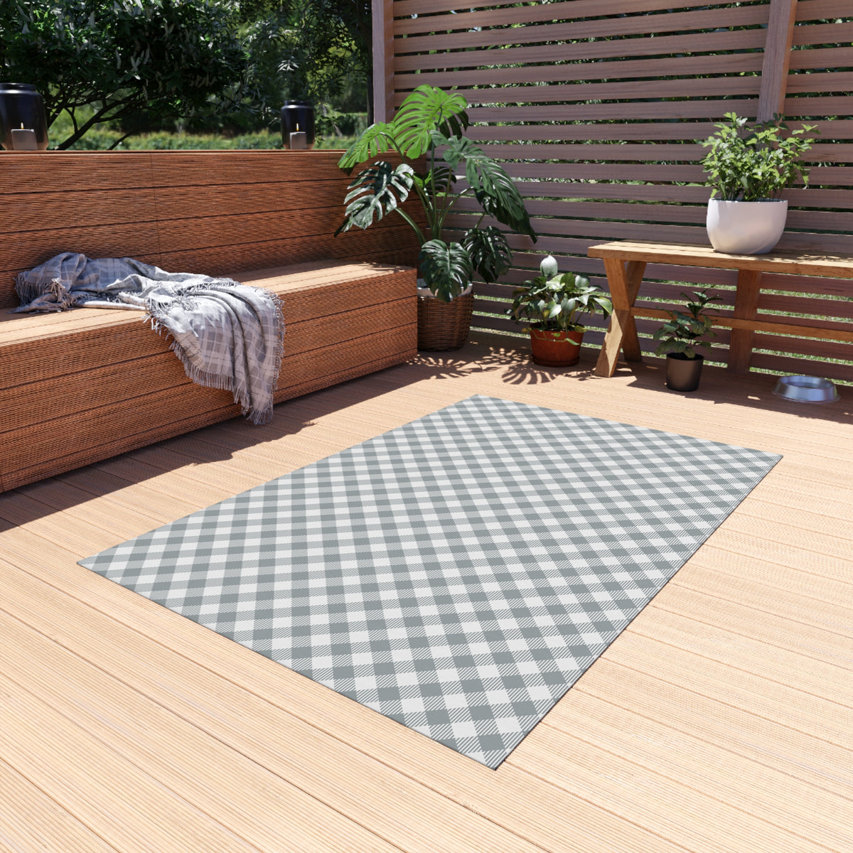 Grey diagonal gingham outdoor rug — soft polyester chenille with a non-slip backing