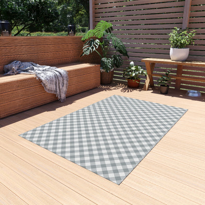 Grey diagonal gingham outdoor rug — soft polyester chenille with a non-slip backing