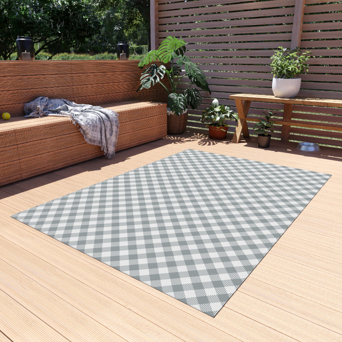 Grey diagonal gingham outdoor rug — soft polyester chenille with a non-slip backing