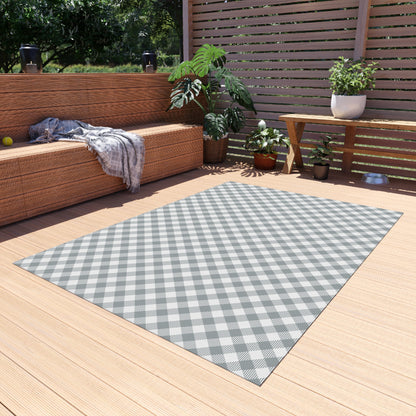 Grey diagonal gingham outdoor rug — soft polyester chenille with a non-slip backing