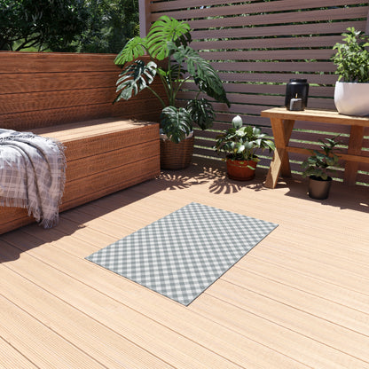 Grey diagonal gingham outdoor rug — soft polyester chenille with a non-slip backing